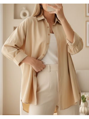 3900 Oversize Uzun Basic Gömlek - Bej