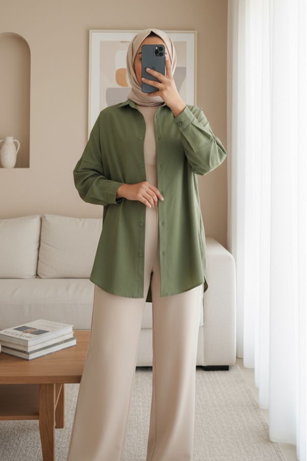 3900 Oversize Uzun Basic Gömlek - A.Haki