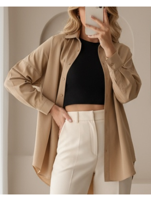3900 Oversize Uzun Basic Gömlek - Bisküvi