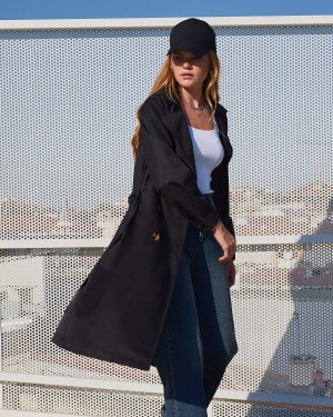 5853 Kruvaze Yaka Trençkot - Siyah