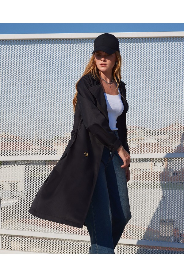 5853 Kruvaze Yaka Trençkot - Siyah