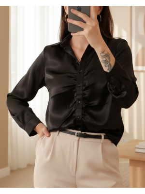 20112 Büzgülü Saten Gömlek - Siyah