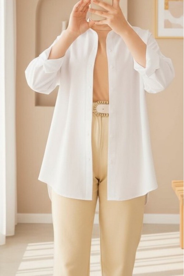 103901 Oversize Basic Tesettür Gömlek - Beyaz