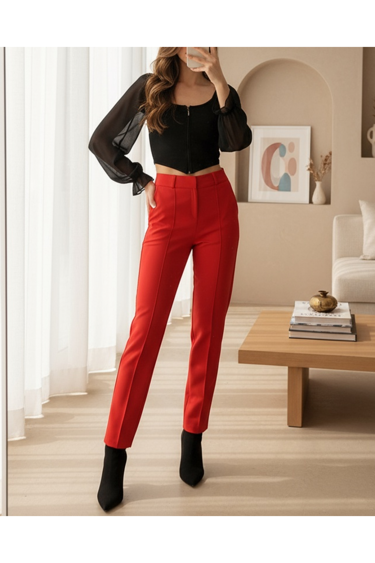 Women's Black Chiffon Front Zipper Blouse 0496 detay görseli
