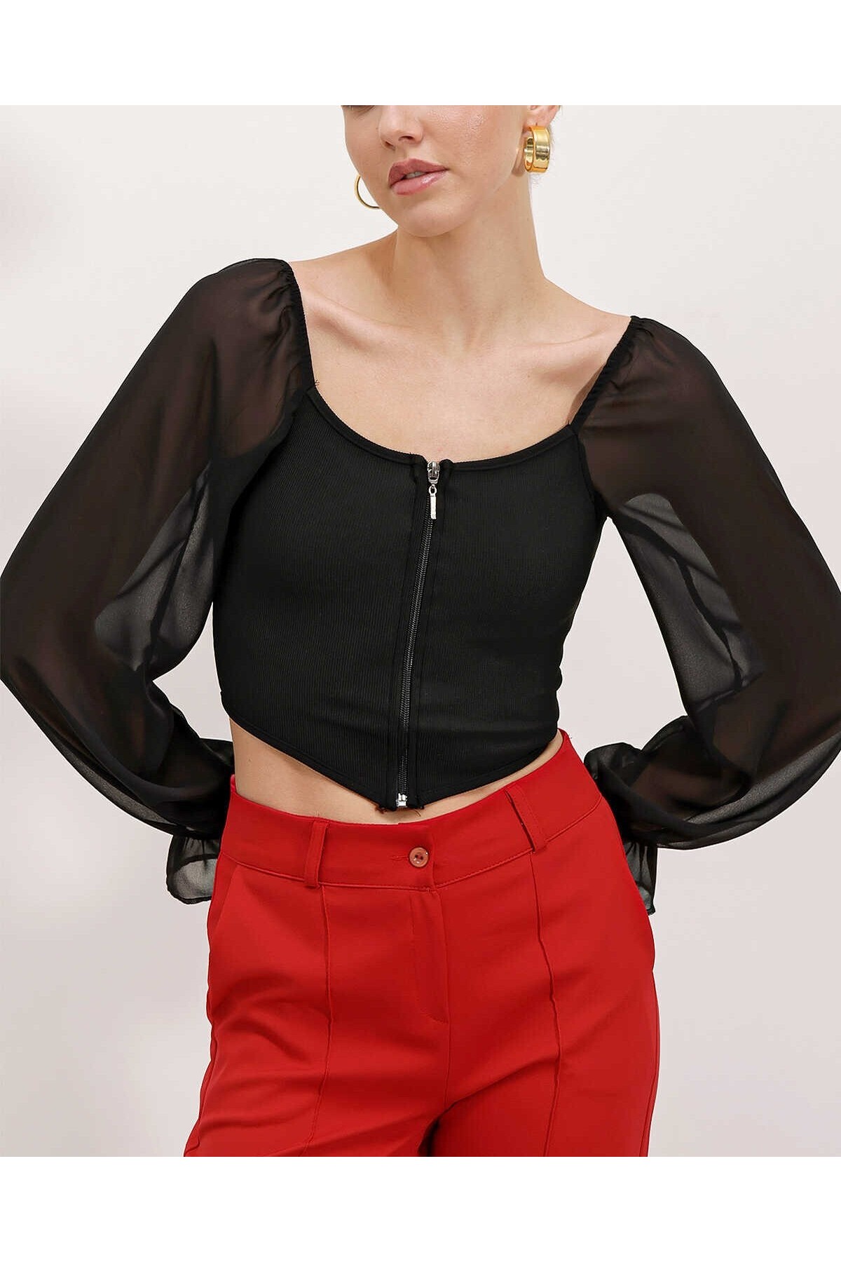 Women's Black Chiffon Front Zipper Blouse 0496
