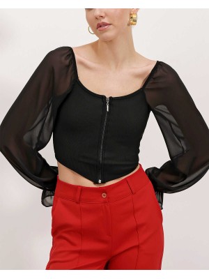 Kadın Siyah Şifon Önü Fermuarlı Bluz 0496