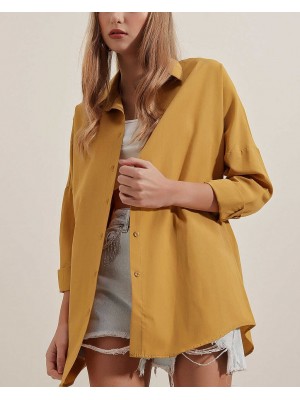 3900 Oversize Uzun Basic Gömlek - Hardal