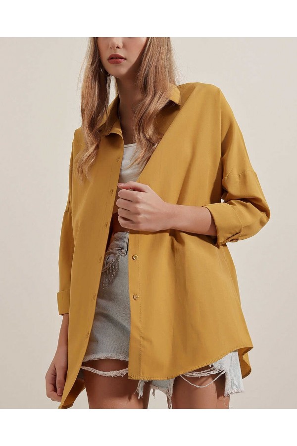 3900 Oversize Uzun Basic Gömlek - Hardal