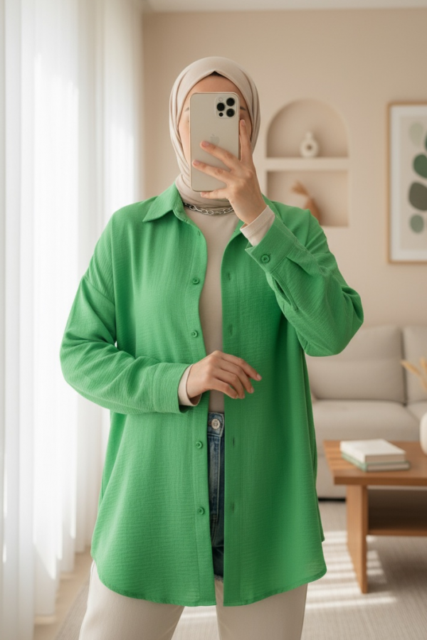 20153 Tek Cepli Oversize Keten Gömlek - Yeşil