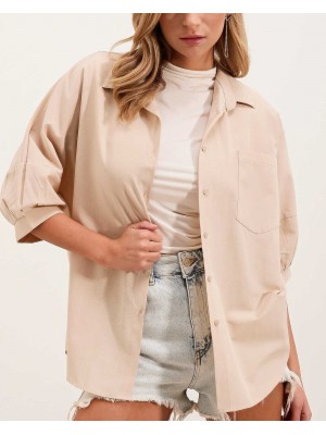 20213 Oversize Kısa Kol Basic Gömlek - Krem