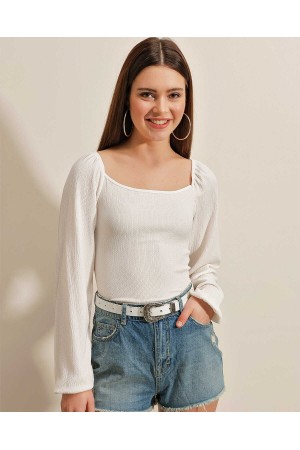 0465 Balon Kollu Örme Bluz - Beyaz