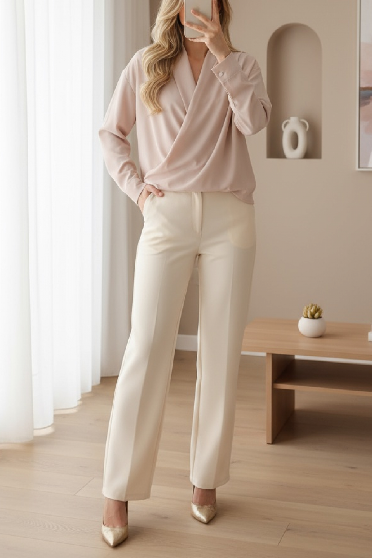 Women's Cream Double Breasted Collar Flowy Satin Blouse 0492