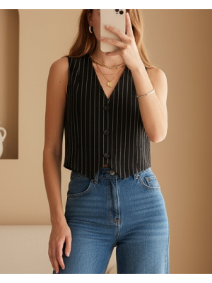 6794 Çizgili Dokuma Yelek - Siyah