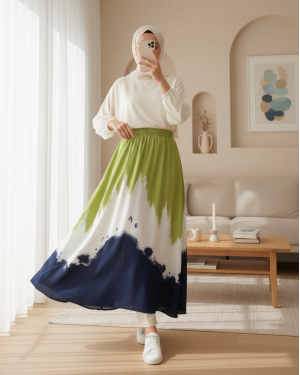 8025 Desenli Uzun Viskon Etek - Yeşil