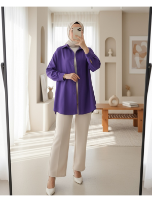3900 Oversize Uzun Basic Gömlek - Mor