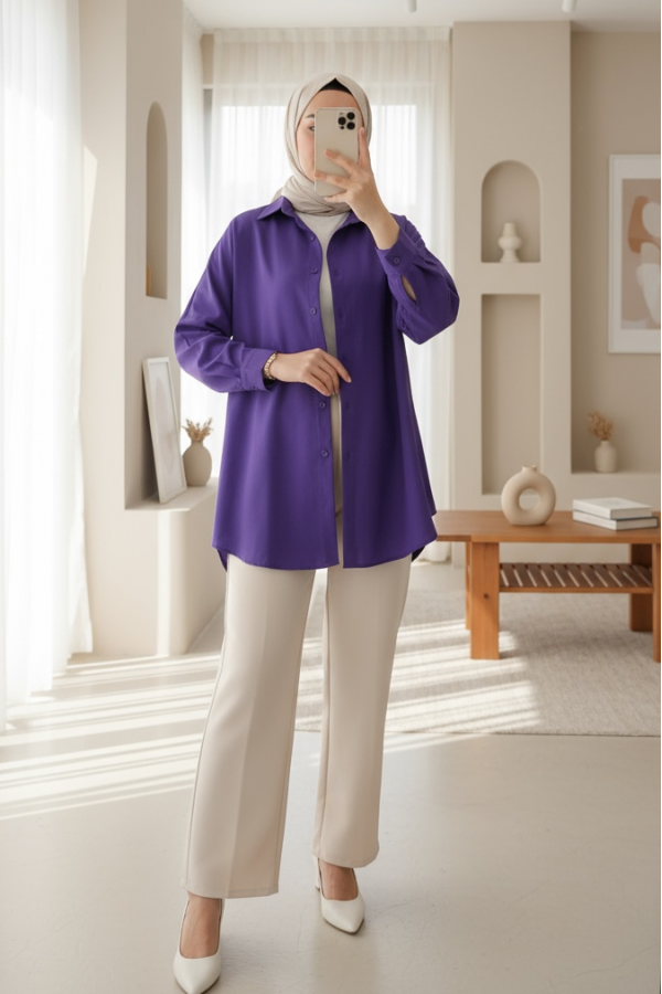 3900 Oversize Uzun Basic Gömlek - Mor