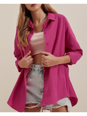 3900 Oversize Uzun Basic Gömlek - Koyu Pembe