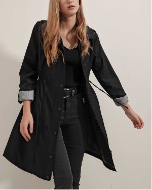 5808 Bel Bağlamalı Trençkot - Siyah