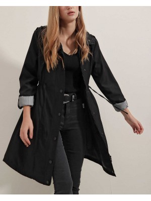 5808 Bel Bağlamalı Trençkot - Siyah