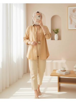 103901 Oversize Basic Tesettür Gömlek - Bej