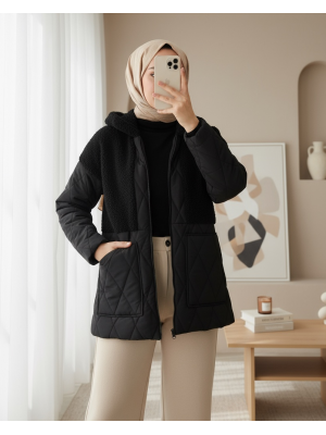 5182 Peluş Detaylı Oversize Şişme Mont - Siyah