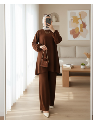 Kadın Kahverengi Tunik Pantolon Alt Üst Takım 6663