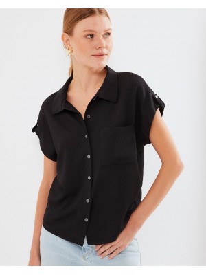 20256 Manşetli Double Kısa Kollu Gömlek - Siyah