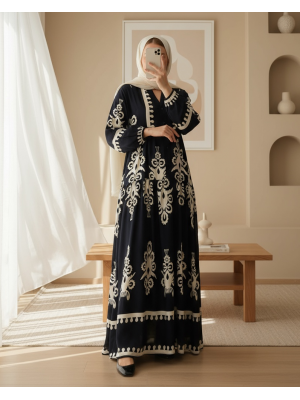 2423 Otantik Desenli Tesettür Elbise - Z.Siyah