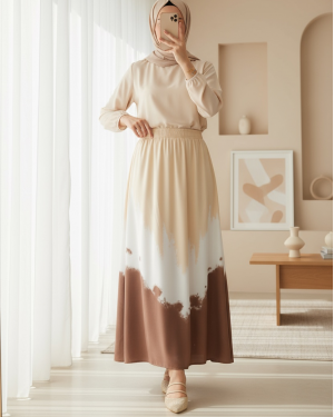 8025 Desenli Uzun Viskon Etek - Bej