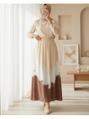 8025 Desenli Uzun Viskon Etek - Bej