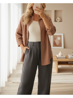 3900 Oversize Uzun Basic Gömlek - Camel