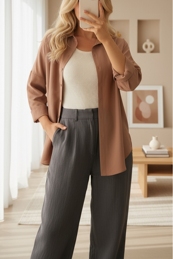 3900 Oversize Uzun Basic Gömlek - Camel