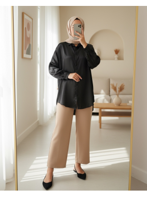 3985 Oversize Saten Gömlek - Siyah