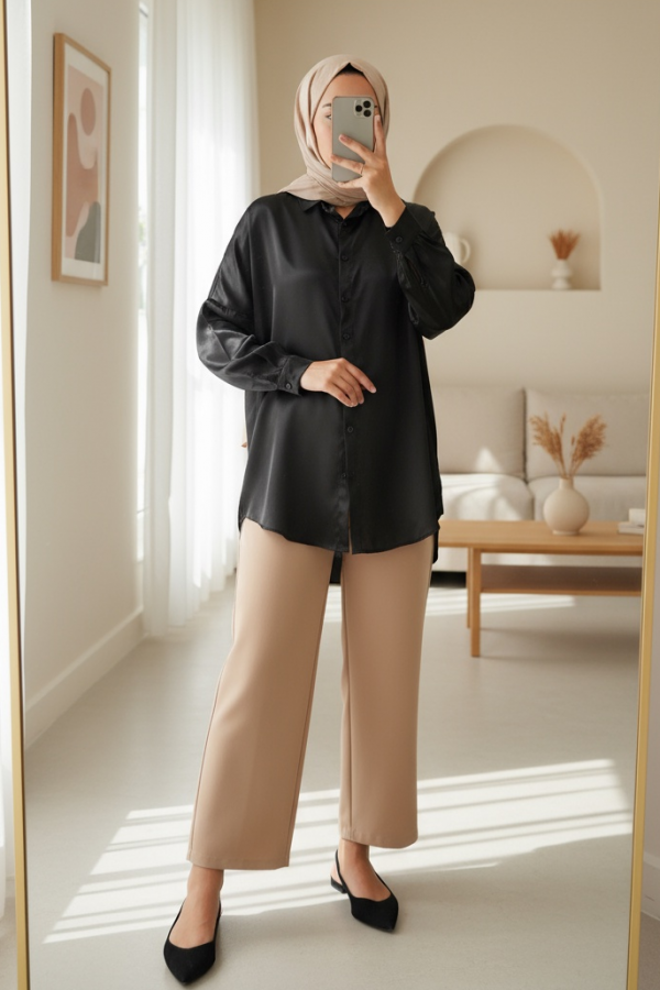 3985 Oversize Saten Gömlek - Siyah