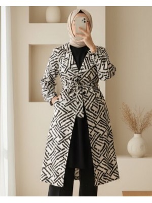 5853 Desenli Kruvaze Yaka Trençkot - C.Beyaz