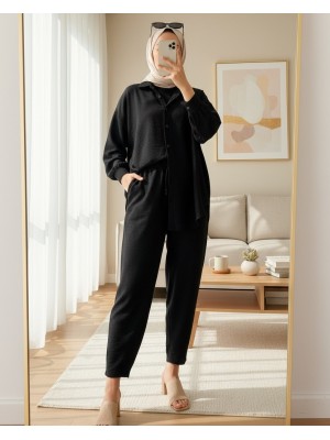 Kadın Siyah Oversize Keten Alt Üst Takım 6622