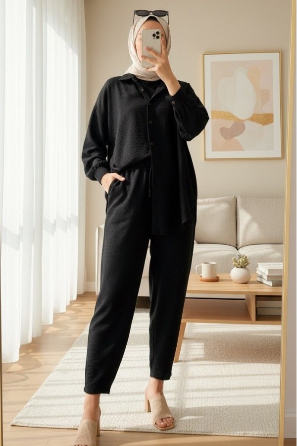 Kadın Siyah Oversize Keten Alt Üst Takım 6622
