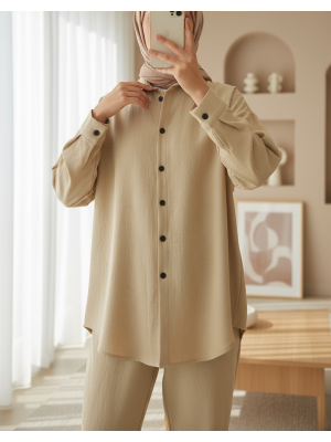 Kadın Bej Oversize Keten Alt Üst Takım 6622