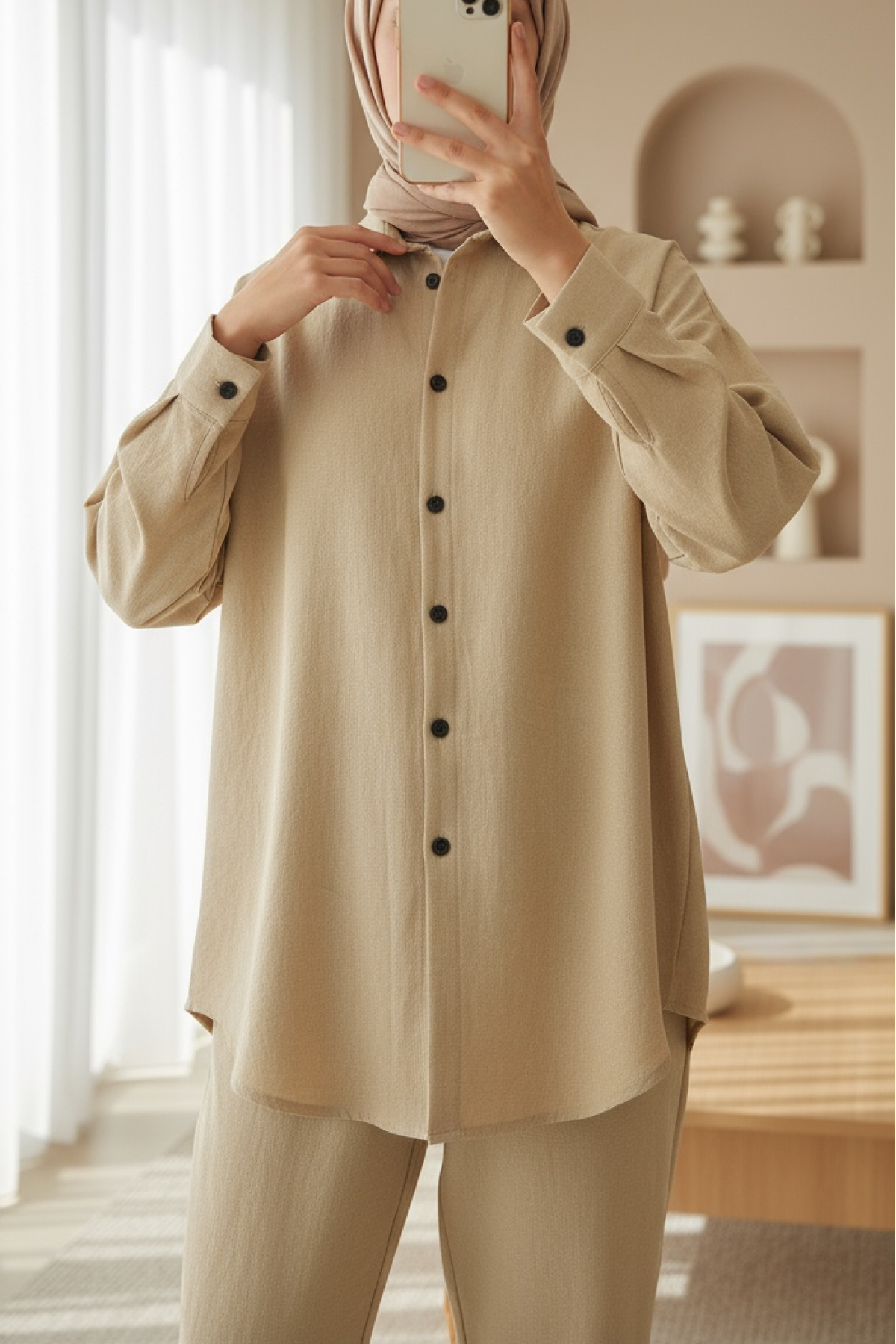 Women's Beige Oversize Linen Bottom Top Set 6622