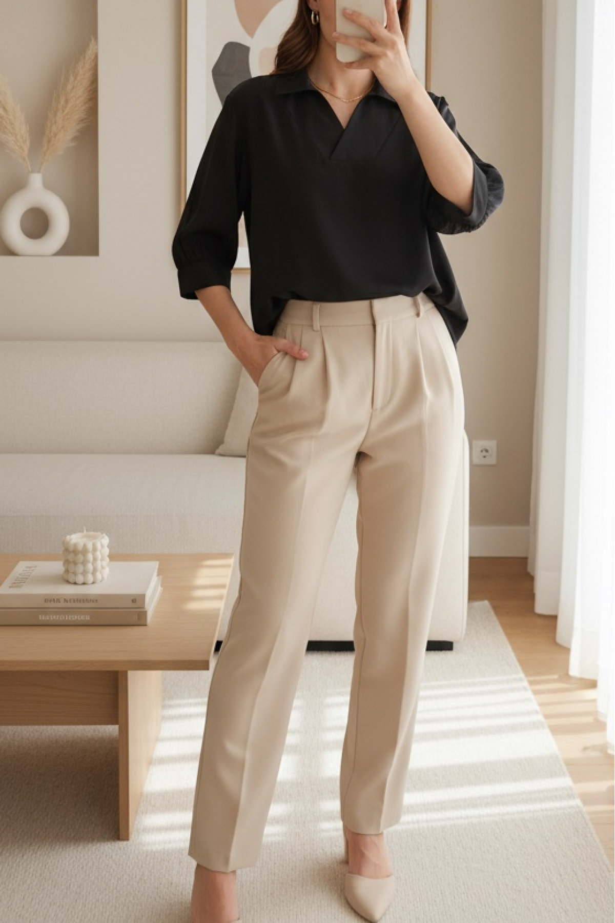 Women's Black Shirt Collar Satin Blouse 0493