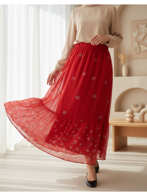 Kadın Kırmızı Desenli Şifon Etek 8010