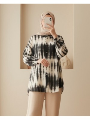 Kadın Turuncu Siyah Desenli Oversize Gömlek 5923