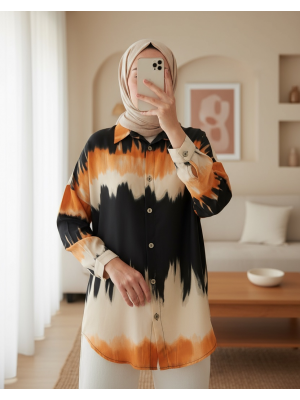 Kadın Turuncu Siyah Desenli Oversize Gömlek 5923