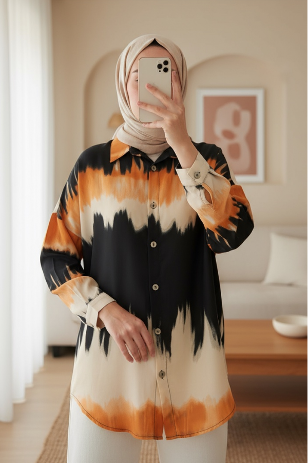 Kadın Turuncu Siyah Desenli Oversize Gömlek 5923