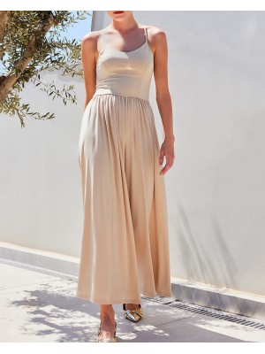 7029 Bol Paça Askılı Tulum - Bej