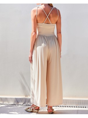 7029 Bol Paça Askılı Tulum - Bej