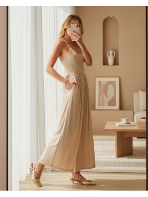 7029 Bol Paça Askılı Tulum - Bej