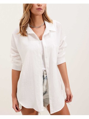 20153 Tek Cepli Oversize Keten Gömlek - Beyaz