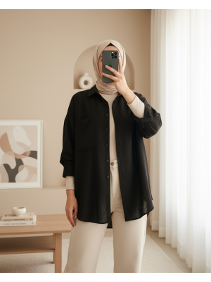 20153 Tek Cepli Oversize Keten Gömlek - Siyah