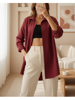 Kadın Oversize Mürdüm Uzun Basic Gömlek 3900